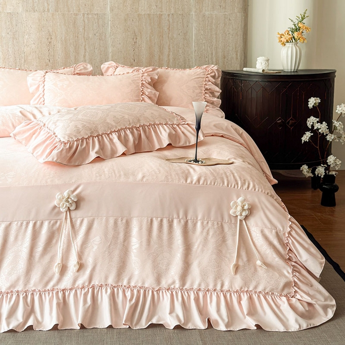 91家纺网 家纺一手货源 找家纺 豪美鑫家纺 2026新款提花四件套 花开半夏系列 花开半夏-玉粉