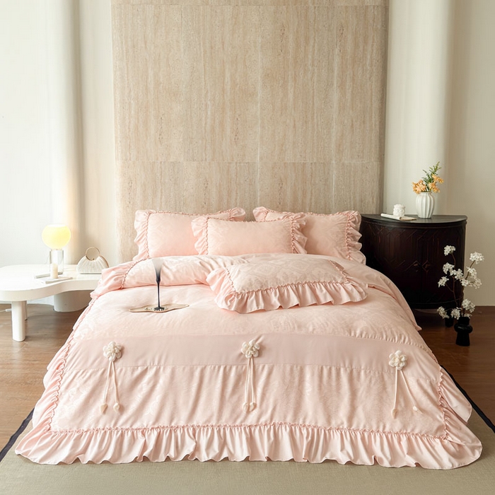 91家纺网 家纺一手货源 找家纺 豪美鑫家纺 2026新款提花四件套 花开半夏系列 花开半夏-玉粉