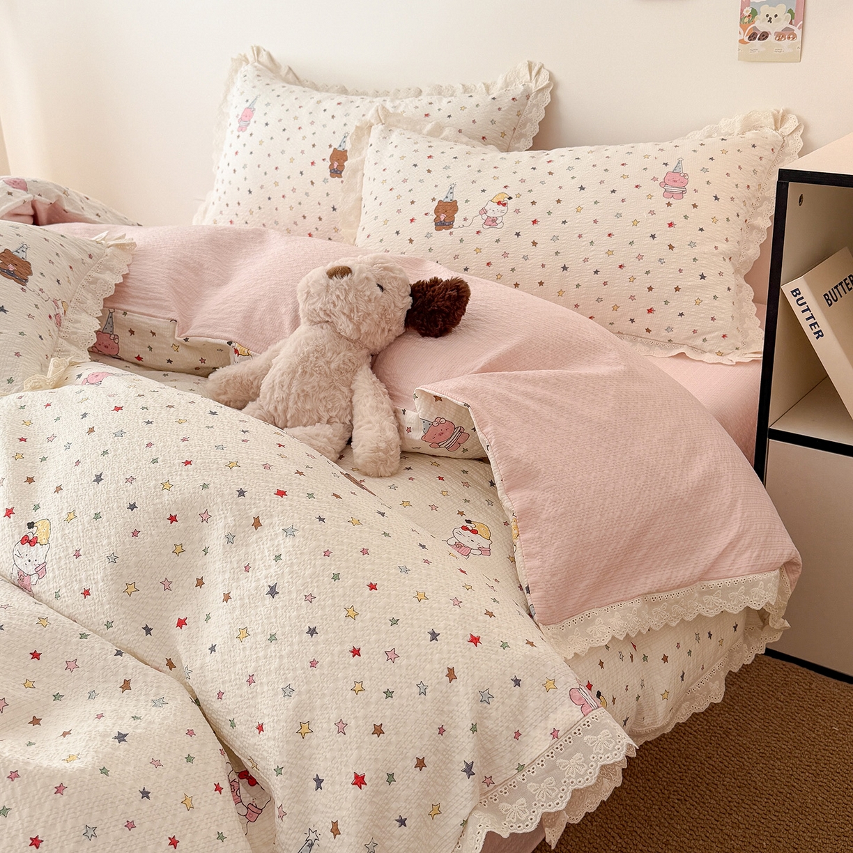 91家纺网 家纺一手货源 找家纺 吾欢心 2026春夏新款韩版纯棉花边泡芙双层纱四件套 喵星人