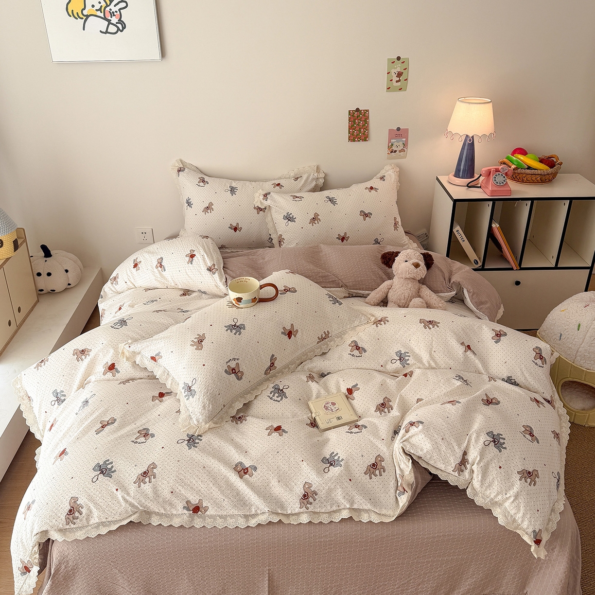 91家纺网 家纺一手货源 找家纺 吾欢心 2026春夏新款韩版纯棉花边泡芙双层纱四件套 元气木马