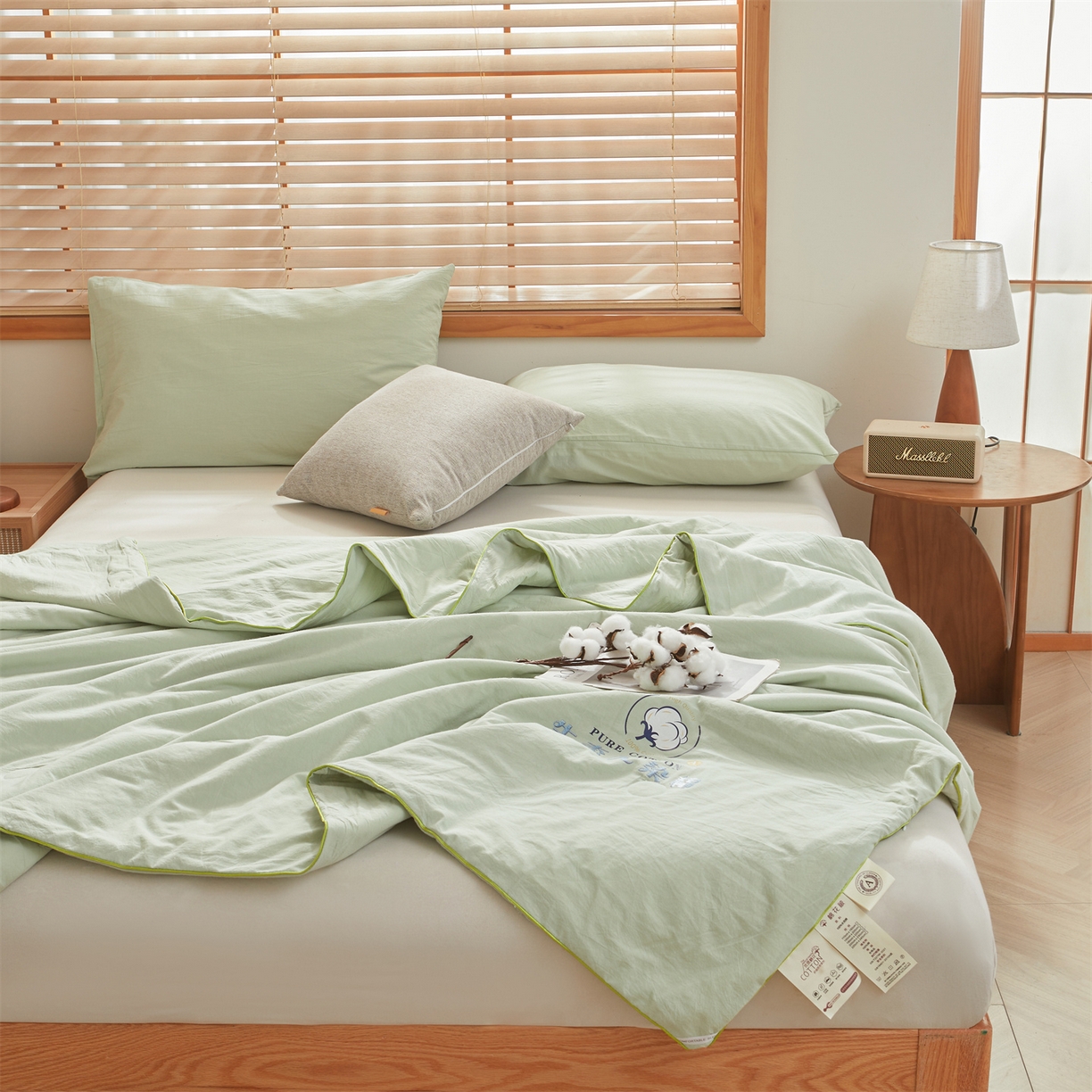 91家纺网 家纺一手货源 找家纺 招财星家纺 2026新款国标艾a类纯色100%新疆棉夏被夏凉被空调被棉花夏被棉花被子被芯热款含质检报告买家秀包检 莫奈-果绿