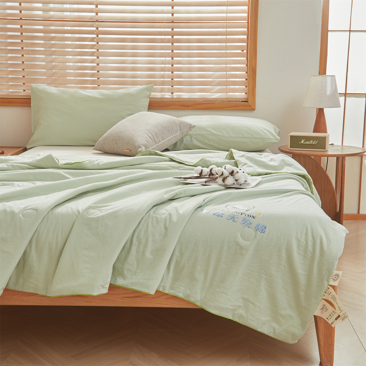91家纺网 家纺一手货源 找家纺 招财星家纺 2026新款国标艾a类纯色100%新疆棉夏被夏凉被空调被棉花夏被棉花被子被芯热款含质检报告买家秀包检 莫奈-果绿