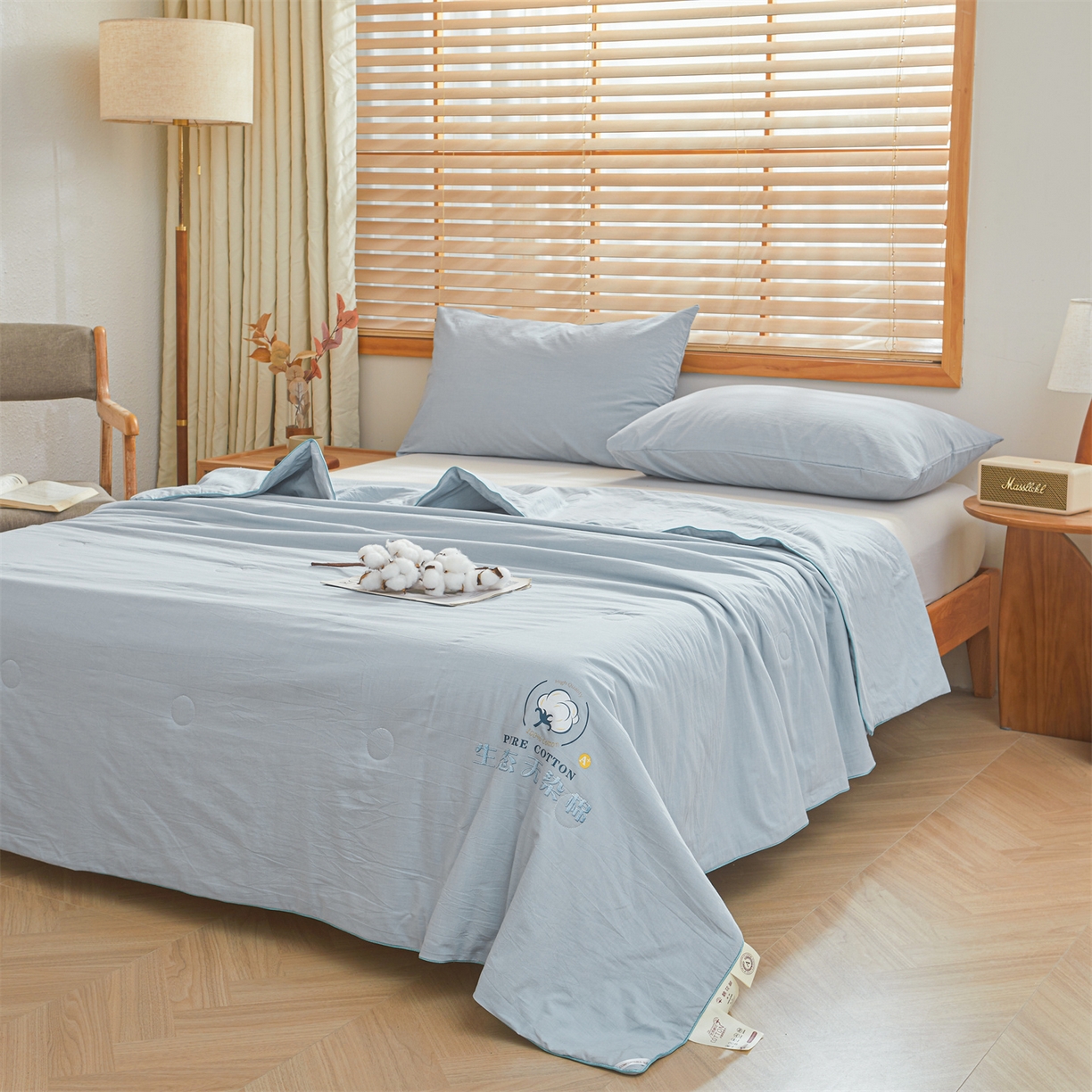 91家纺网 家纺一手货源 找家纺 招财星家纺 2026新款国标艾a类纯色100%新疆棉夏被夏凉被空调被棉花夏被棉花被子被芯热款含质检报告买家秀包检 莫奈-雾霾蓝