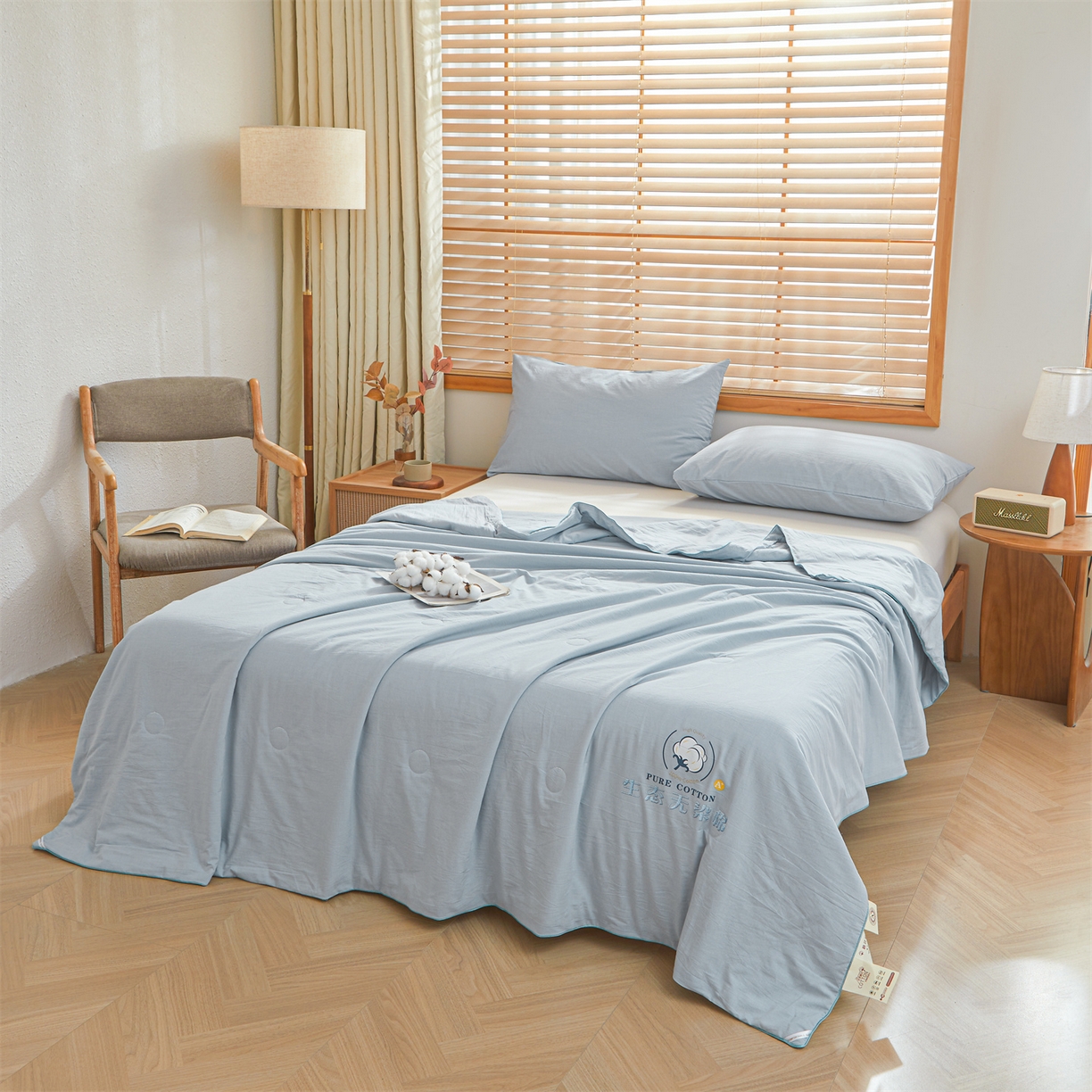 91家纺网 家纺一手货源 找家纺 招财星家纺 2026新款国标艾a类纯色100%新疆棉夏被夏凉被空调被棉花夏被棉花被子被芯热款含质检报告买家秀包检 莫奈-雾霾蓝