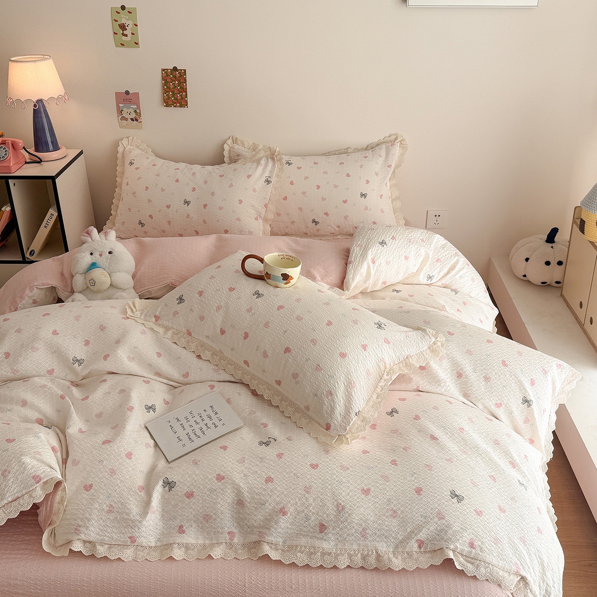 91家纺网 家纺一手货源 找家纺 吾欢心 2026春夏新款韩版纯棉花边泡芙双层纱四件套 粉粉甜心