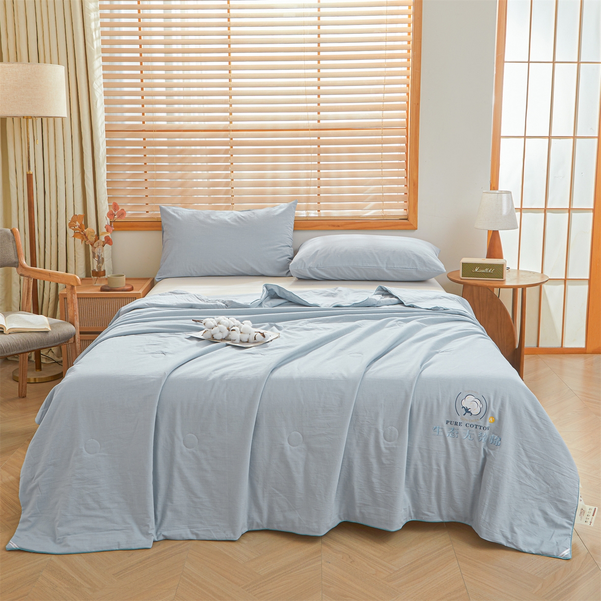91家纺网 家纺一手货源 找家纺 招财星家纺 2026新款国标艾a类纯色100%新疆棉夏被夏凉被空调被棉花夏被棉花被子被芯热款含质检报告买家秀包检 莫奈-雾霾蓝