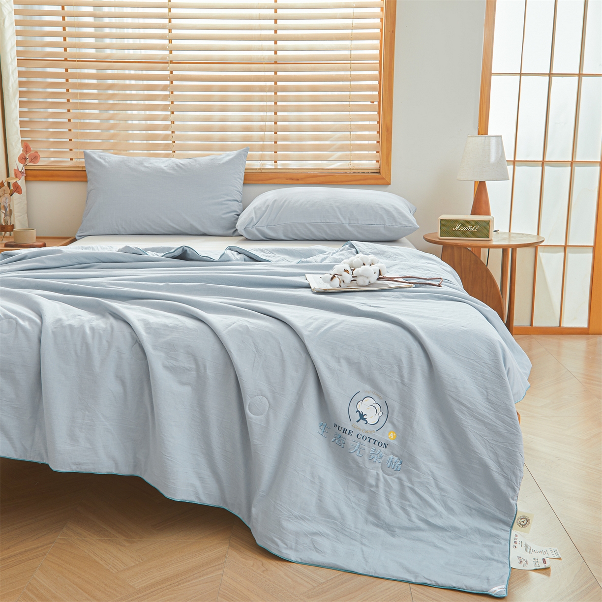 91家纺网 家纺一手货源 找家纺 招财星家纺 2026新款国标艾a类纯色100%新疆棉夏被夏凉被空调被棉花夏被棉花被子被芯热款含质检报告买家秀包检 莫奈-雾霾蓝