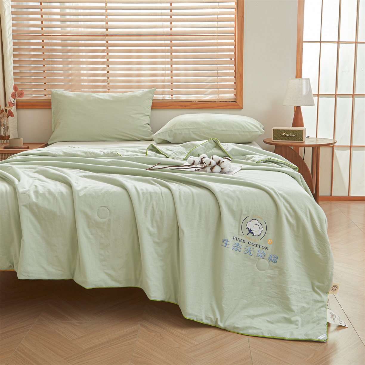 91家纺网 家纺一手货源 找家纺 招财星家纺 2026新款国标艾a类纯色100%新疆棉夏被夏凉被空调被棉花夏被棉花被子被芯热款含质检报告买家秀包检 莫奈-果绿
