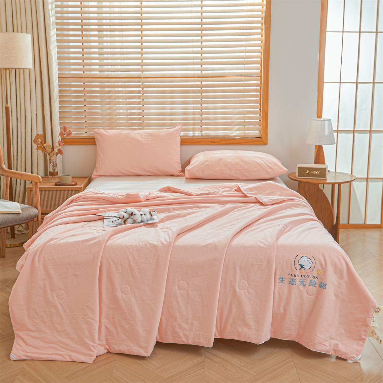 91家纺网 家纺一手货源 找家纺 招财星家纺 2026新款国标艾a类纯色100%新疆棉夏被夏凉被空调被棉花夏被棉花被子被芯热款含质检报告买家秀包检 莫奈-樱花粉