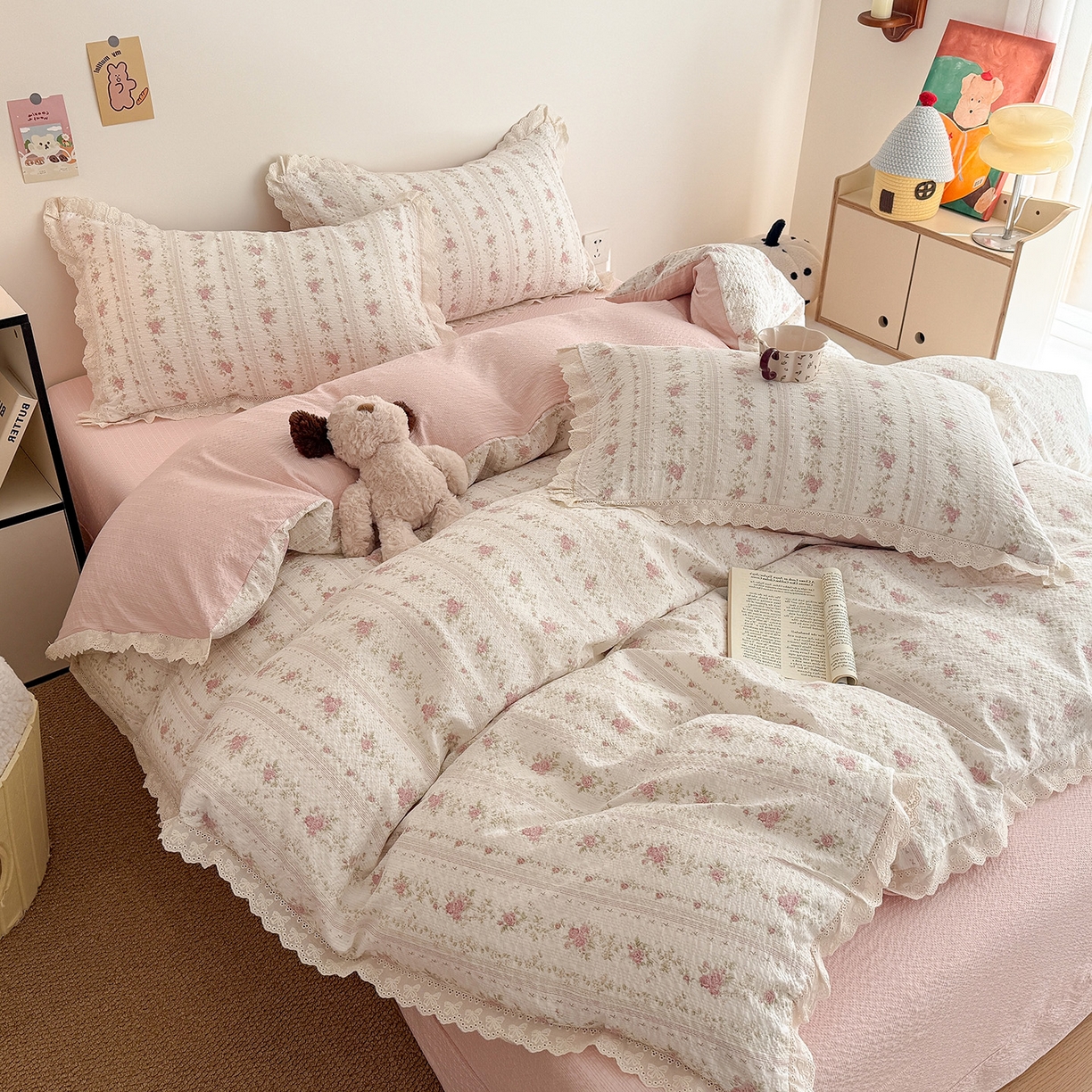 91家纺网 家纺一手货源 找家纺 吾欢心 2026春夏新款韩版纯棉花边泡芙双层纱四件套 芳华