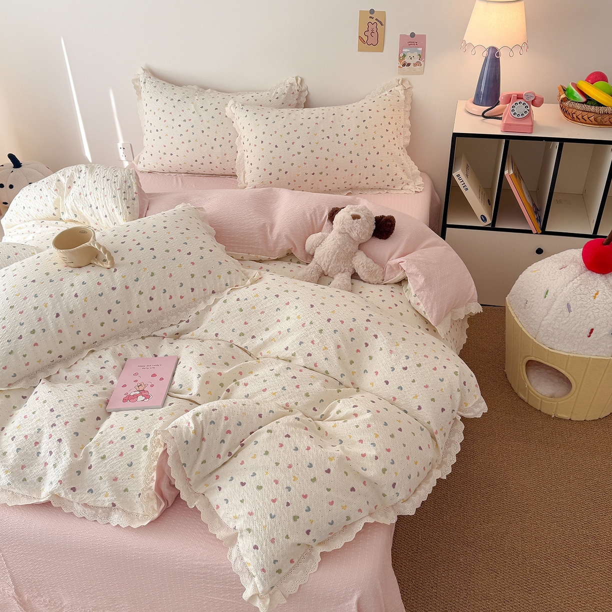 91家纺网 家纺一手货源 找家纺 吾欢心 2026春夏新款韩版纯棉花边泡芙双层纱四件套 彩色爱心
