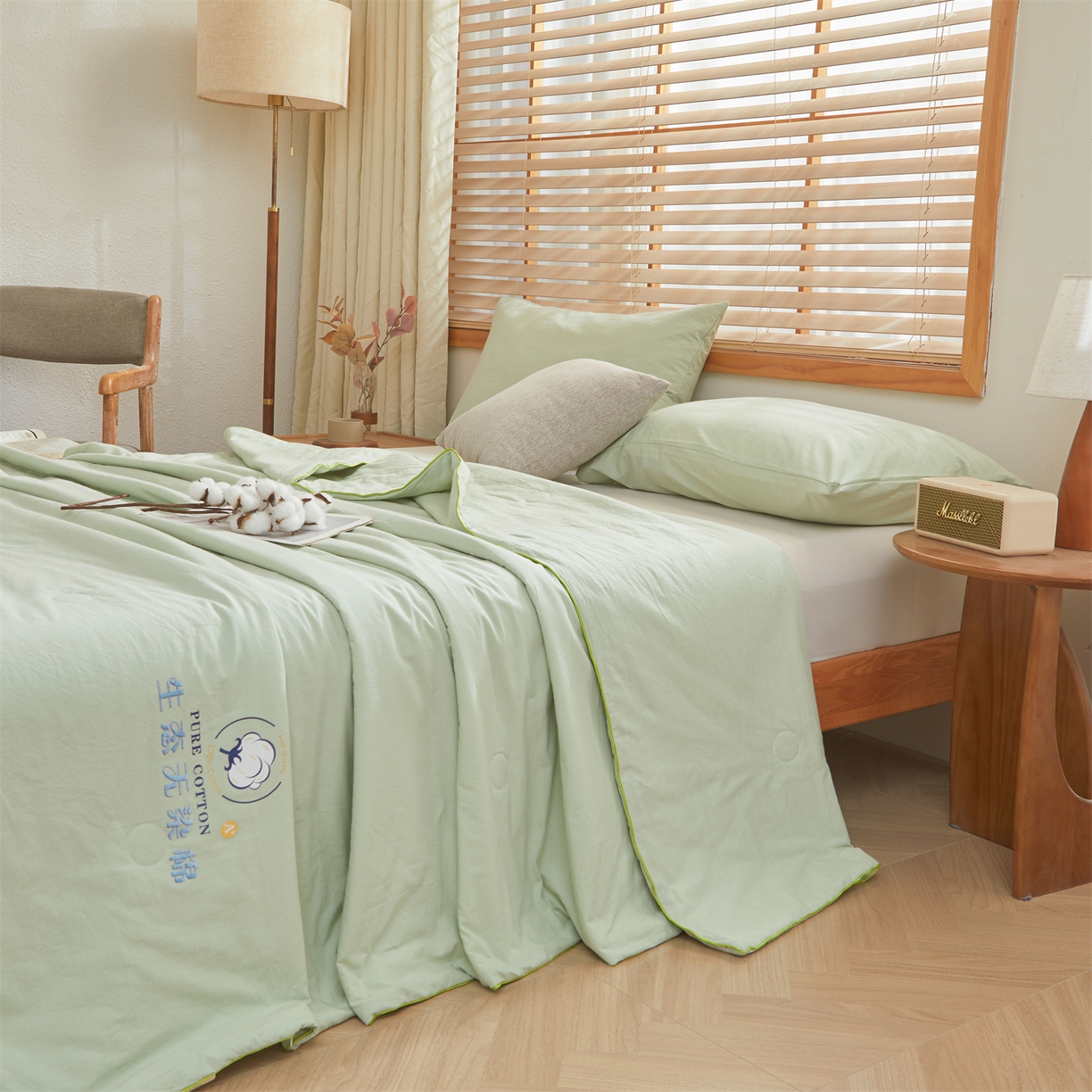 91家纺网 家纺一手货源 找家纺 招财星家纺 2026新款国标艾a类纯色100%新疆棉夏被夏凉被空调被棉花夏被棉花被子被芯热款含质检报告买家秀包检 莫奈-果绿