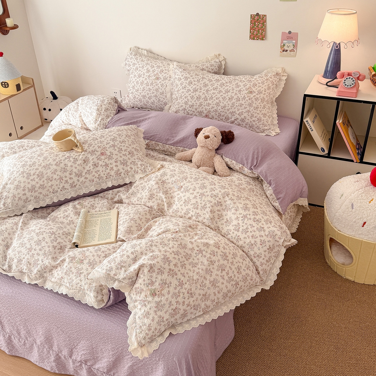 91家纺网 家纺一手货源 找家纺 吾欢心 2026春夏新款韩版纯棉花边泡芙双层纱四件套 花屿梦