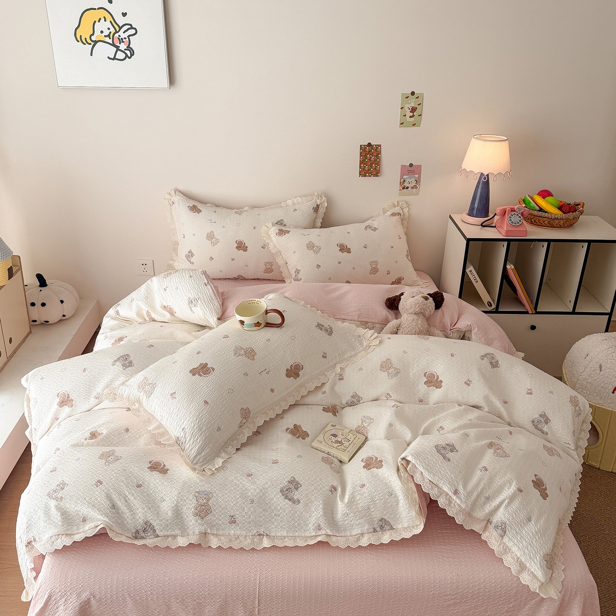 91家纺网 家纺一手货源 找家纺 吾欢心 2026春夏新款韩版纯棉花边泡芙双层纱四件套 萌宠宝贝