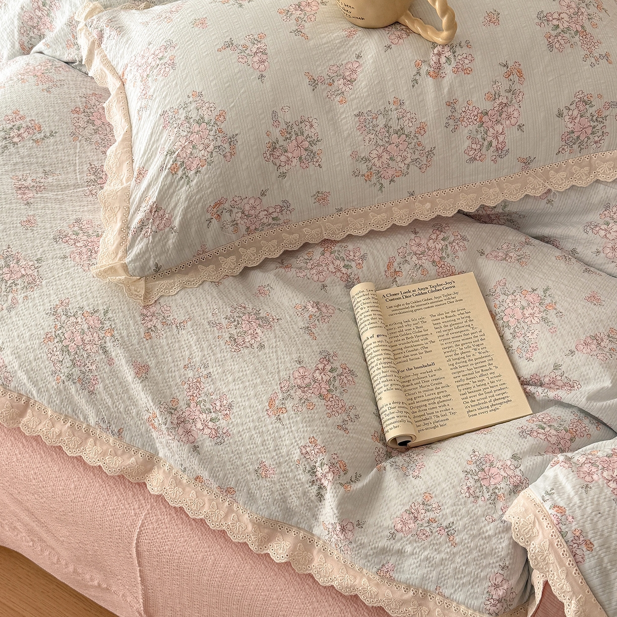 91家纺网 家纺一手货源 找家纺 （总）吾欢心 2026春夏新款韩版纯棉花边泡芙双层纱四件套