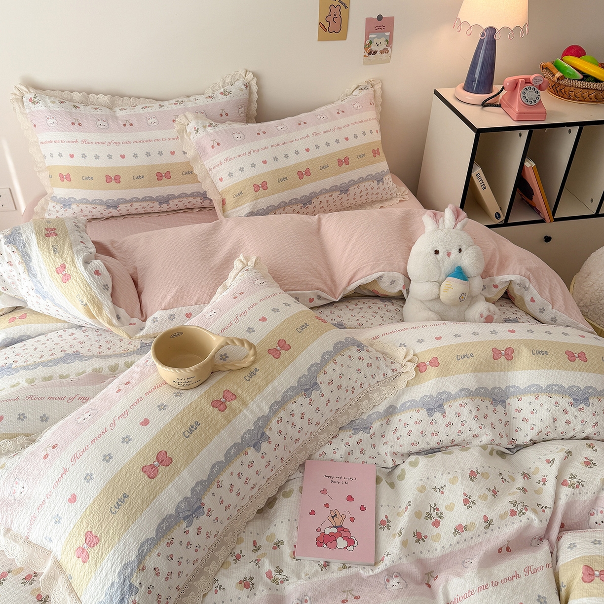 91家纺网 家纺一手货源 找家纺 吾欢心 2026春夏新款韩版纯棉花边泡芙双层纱四件套 费尔岛小兔