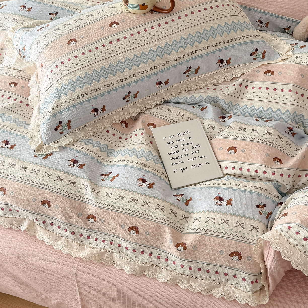 91家纺网 家纺一手货源 找家纺 吾欢心 2026春夏新款韩版纯棉花边泡芙双层纱四件套 费尔岛小狗