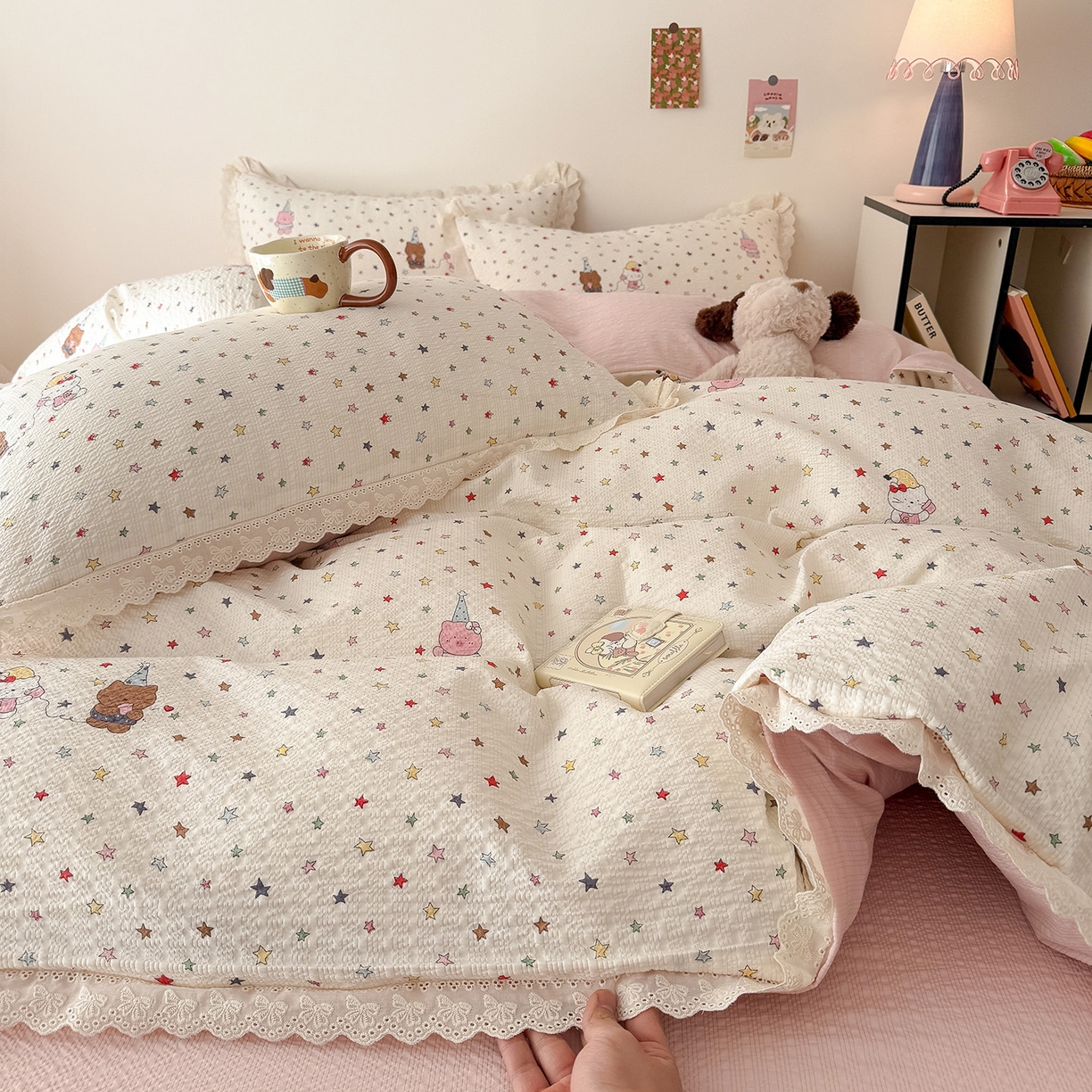 91家纺网 家纺一手货源 找家纺 吾欢心 2026春夏新款韩版纯棉花边泡芙双层纱四件套 喵星人