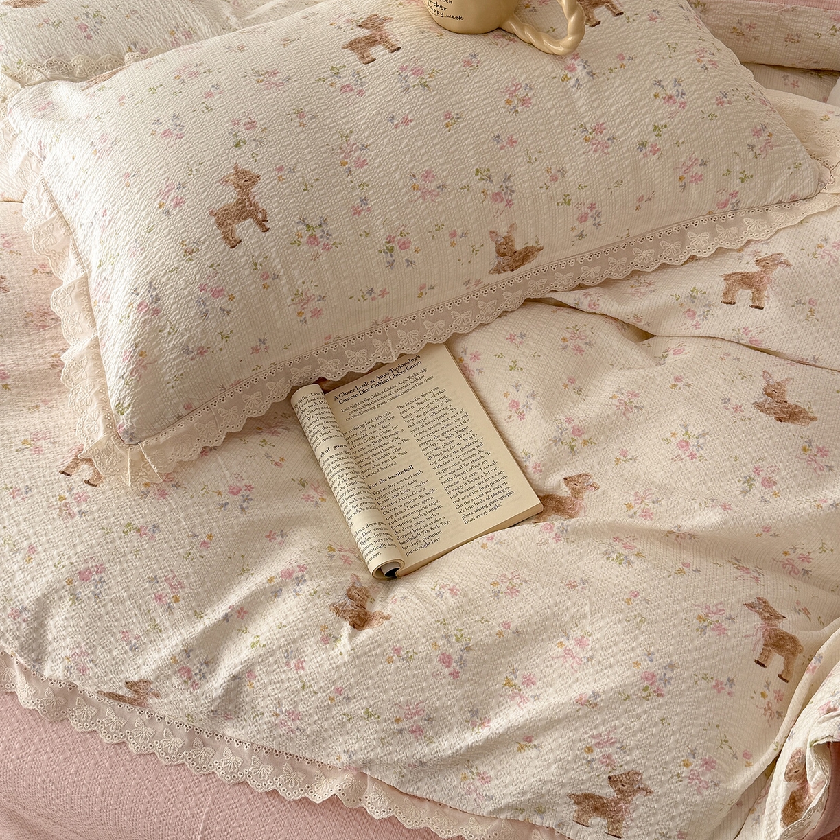 91家纺网 家纺一手货源 找家纺 吾欢心 2026春夏新款韩版纯棉花边泡芙双层纱四件套 遇见花开