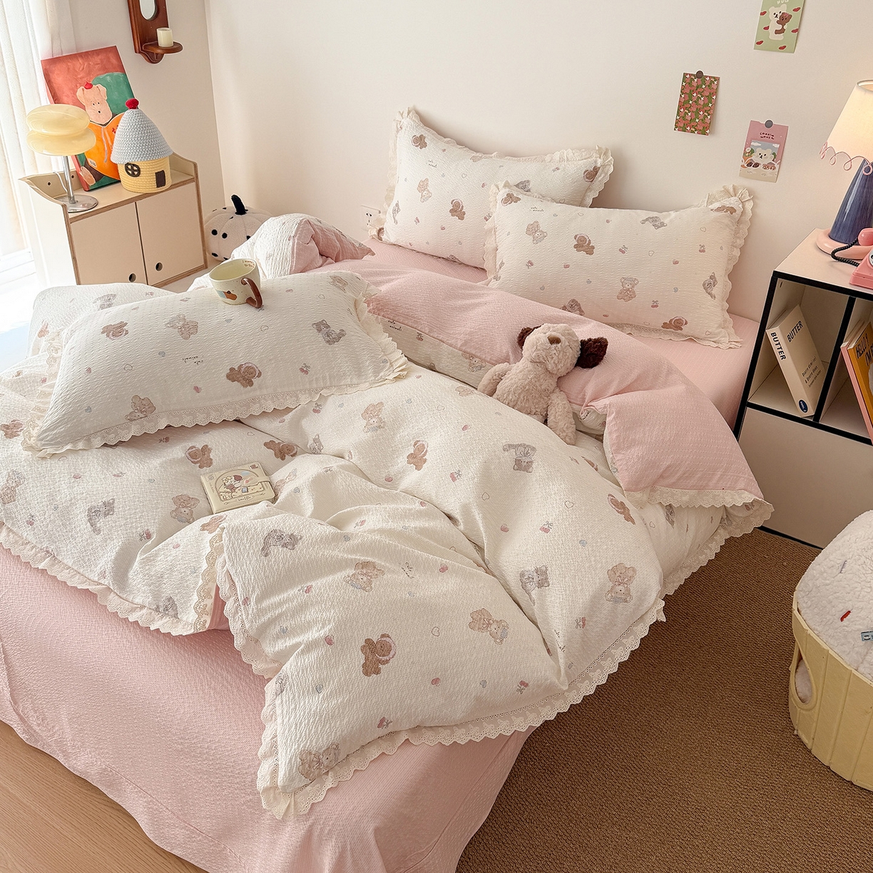 91家纺网 家纺一手货源 找家纺 吾欢心 2026春夏新款韩版纯棉花边泡芙双层纱四件套 萌宠宝贝