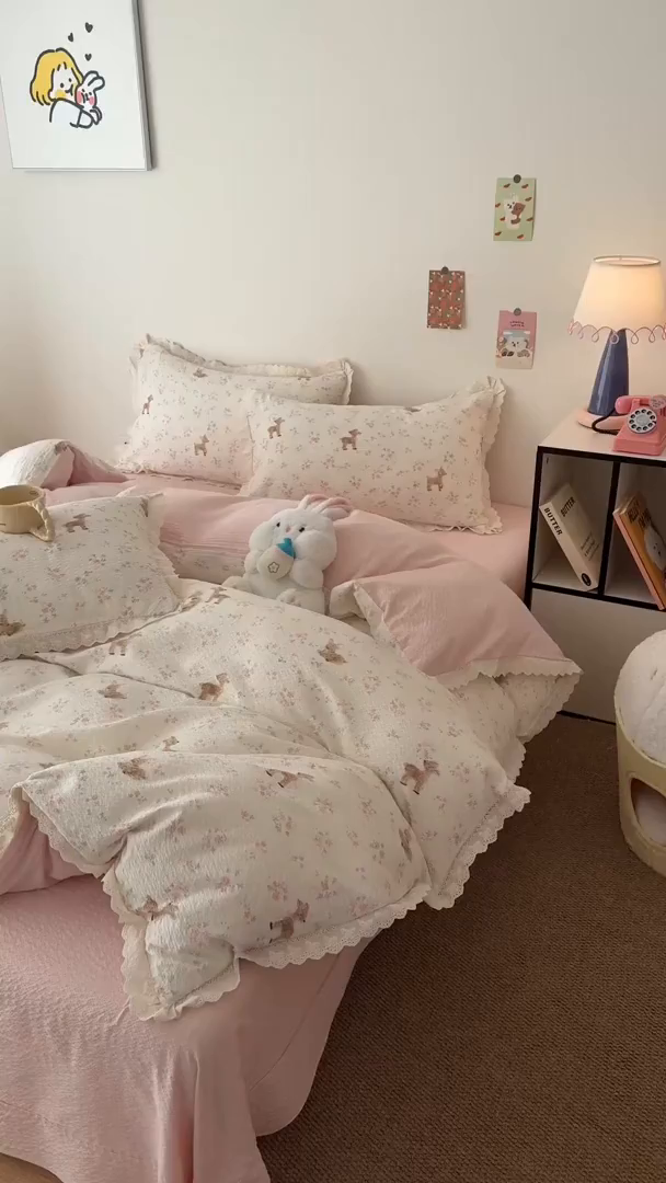 91家纺网 家纺一手货源 找家纺 吾欢心 2026春夏新款韩版纯棉花边泡芙双层纱四件套 遇见花开