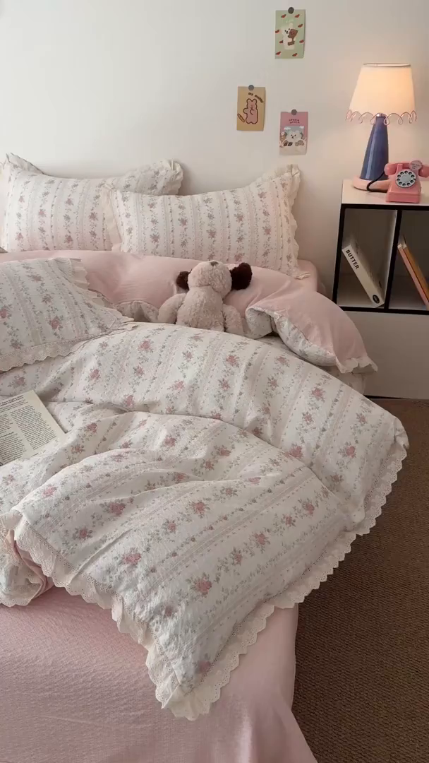 91家纺网 家纺一手货源 找家纺 吾欢心 2026春夏新款韩版纯棉花边泡芙双层纱四件套 芳华