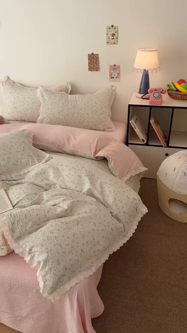 91家纺网 家纺一手货源 找家纺 吾欢心 2026春夏新款韩版纯棉花边泡芙双层纱四件套 茱莉叶