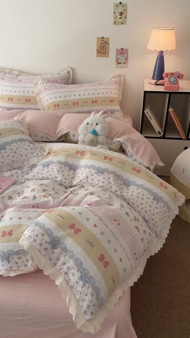 91家纺网 家纺一手货源 找家纺 吾欢心 2026春夏新款韩版纯棉花边泡芙双层纱四件套 费尔岛小兔