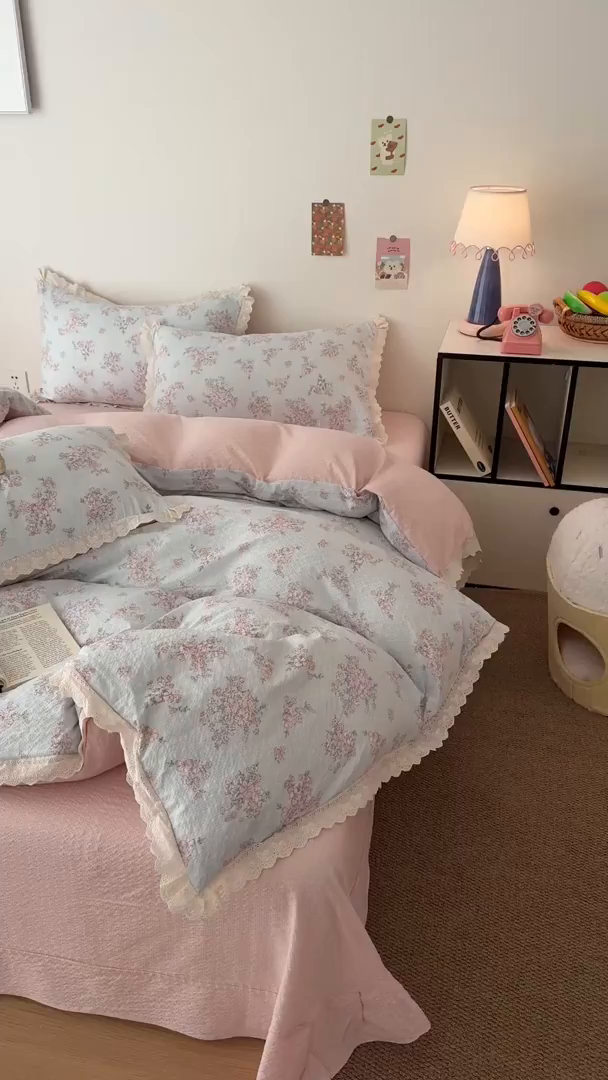 91家纺网 家纺一手货源 找家纺 吾欢心 2026春夏新款韩版纯棉花边泡芙双层纱四件套 岚韵花香