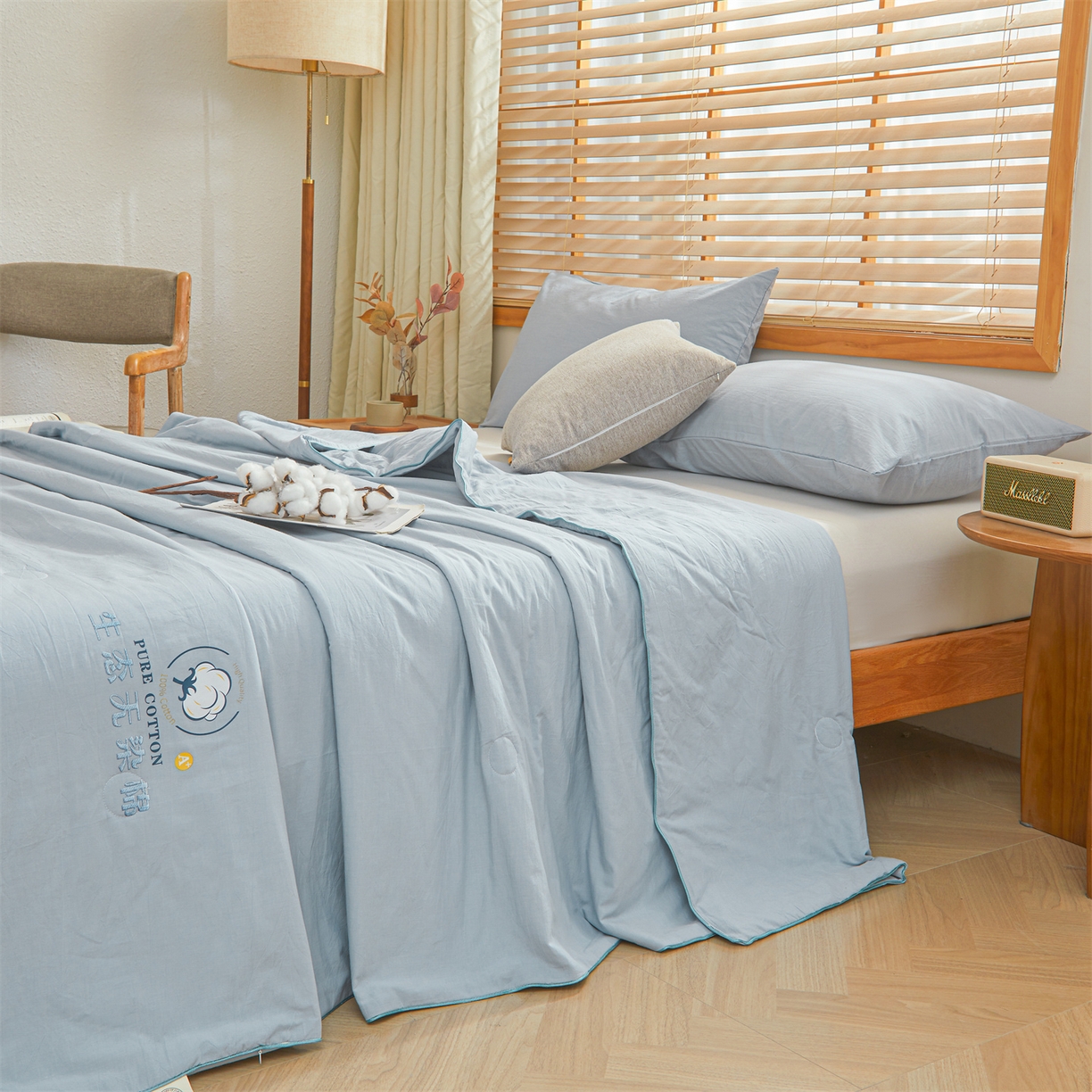 91家纺网 家纺一手货源 找家纺 招财星家纺 2026新款国标艾a类纯色100%新疆棉夏被夏凉被空调被棉花夏被棉花被子被芯热款含质检报告买家秀包检 莫奈-雾霾蓝