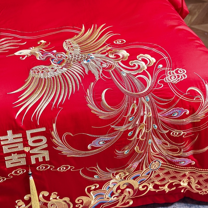 91家纺网 家纺一手货源 找家纺 慕她家纺 2026慕她大花工艺款全棉纯棉婚庆四件套大红色刺绣结婚床上用品 龙凤佳缘