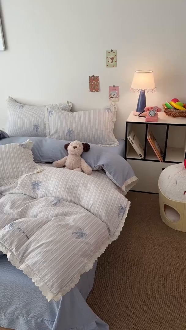 91家纺网 家纺一手货源 找家纺 吾欢心 2026春夏新款韩版纯棉花边泡芙双层纱四件套 甜美蝴蝶结