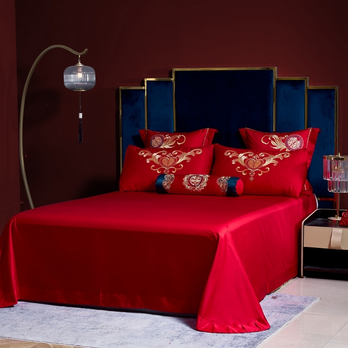 91家纺网 家纺一手货源 找家纺 慕她家纺 2026慕她大花工艺款全棉纯棉婚庆四件套大红色刺绣结婚床上用品 双喜临门