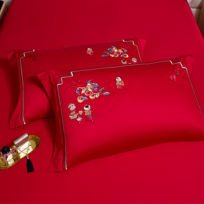 91家纺网 家纺一手货源 找家纺 慕她家纺 2026慕她大花工艺款全棉纯棉婚庆四件套大红色刺绣结婚床上用品 早生贵子