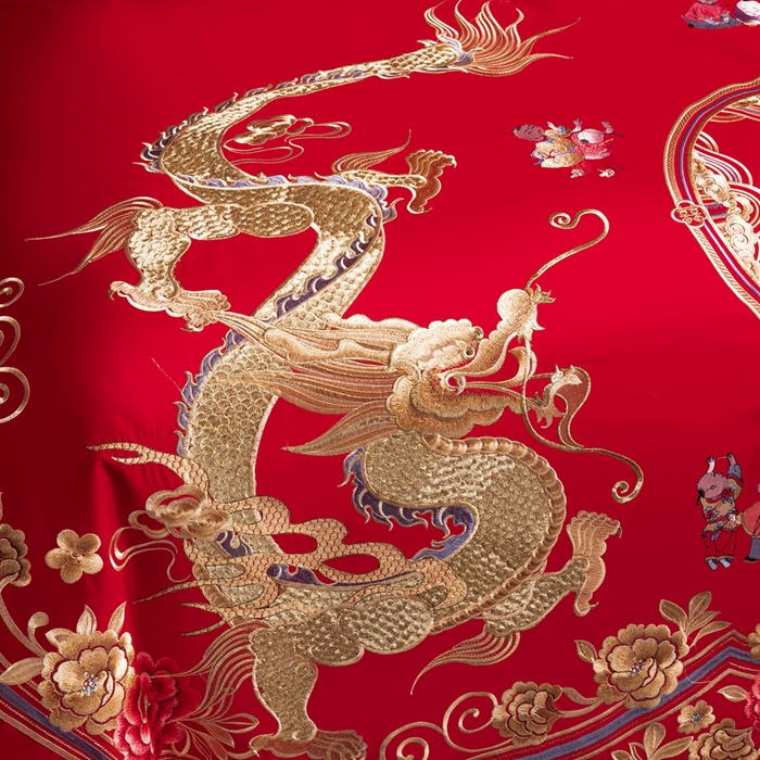 91家纺网 家纺一手货源 找家纺 慕她家纺 2026慕她大花工艺款全棉纯棉婚庆四件套大红色刺绣结婚床上用品 眷恋龙凤