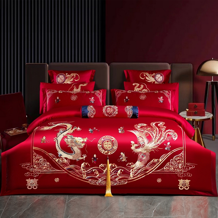 91家纺网 家纺一手货源 找家纺 慕她家纺 2026慕她大花工艺款全棉纯棉婚庆四件套大红色刺绣结婚床上用品 子孙满堂