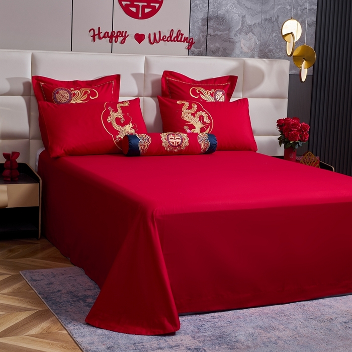 91家纺网 家纺一手货源 找家纺 慕她家纺 2026慕她大花工艺款全棉纯棉婚庆四件套大红色刺绣结婚床上用品 凤冠霞帔