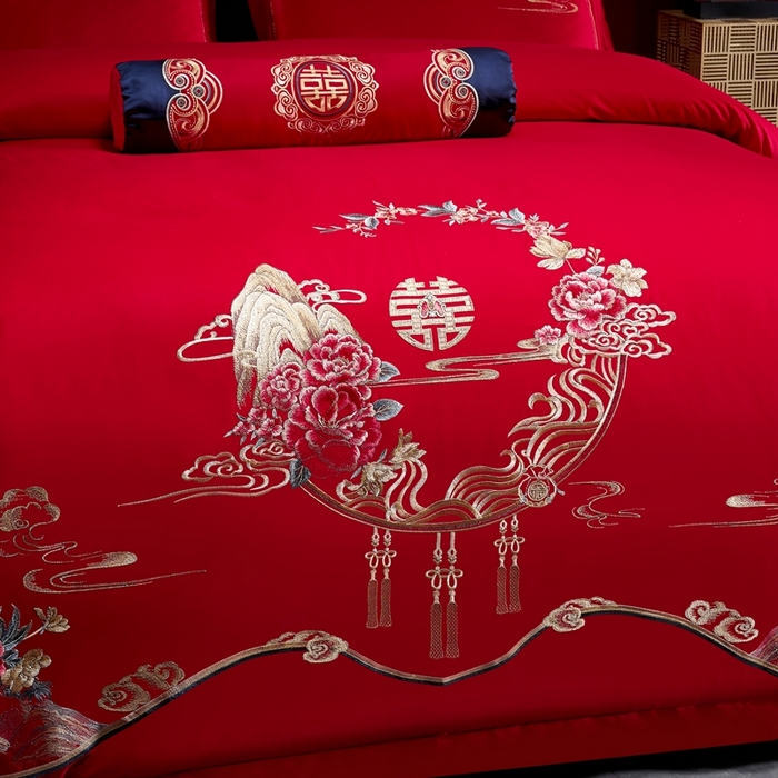 91家纺网 家纺一手货源 找家纺 慕她家纺 2026慕她大花工艺款全棉纯棉婚庆四件套大红色刺绣结婚床上用品 喜韵江山
