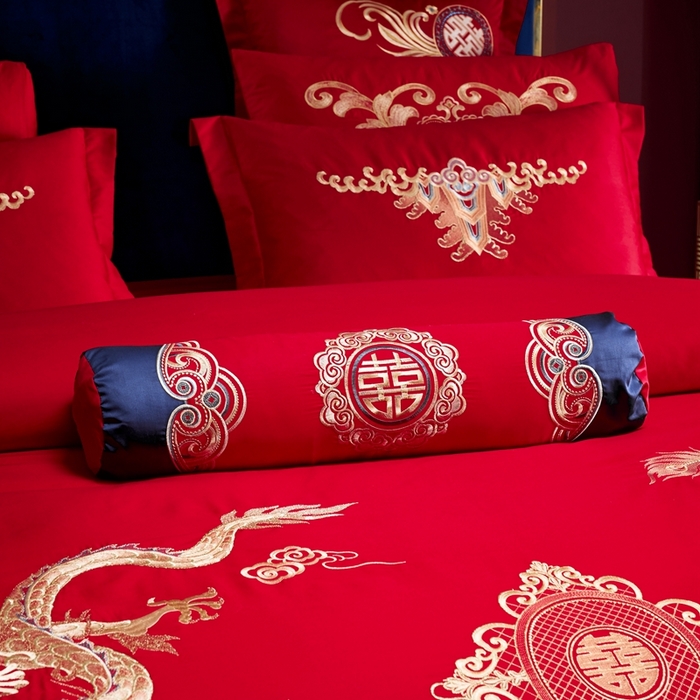 91家纺网 家纺一手货源 找家纺 慕她家纺 2026慕她大花工艺款全棉纯棉婚庆四件套大红色刺绣结婚床上用品 龙翔凤舞