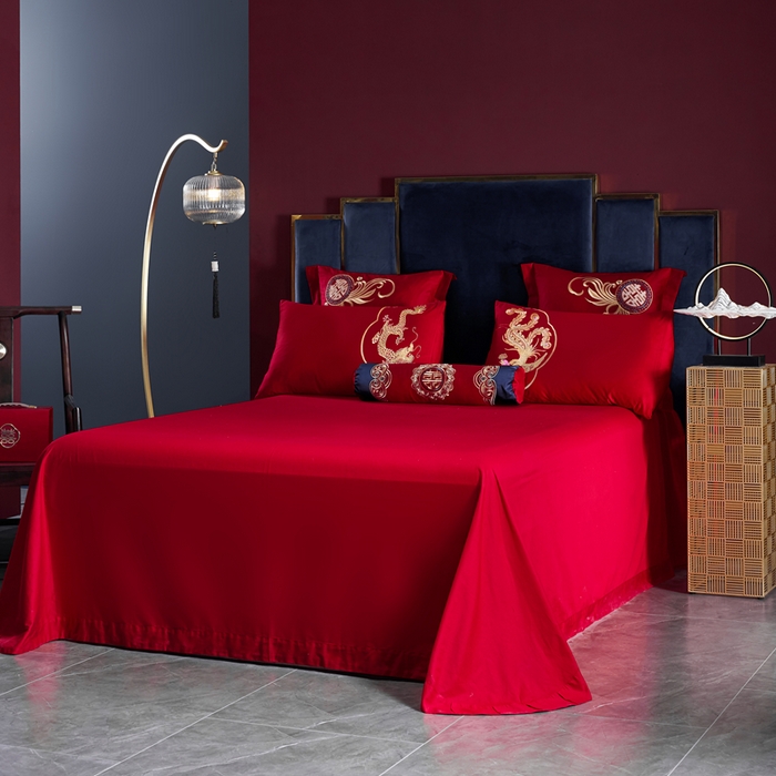 91家纺网 家纺一手货源 找家纺 慕她家纺 2026慕她大花工艺款全棉纯棉婚庆四件套大红色刺绣结婚床上用品 天生一对