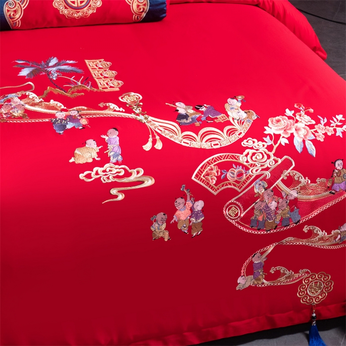 91家纺网 家纺一手货源 找家纺 慕她家纺 2026慕她大花工艺款全棉纯棉婚庆四件套大红色刺绣结婚床上用品 百子登科