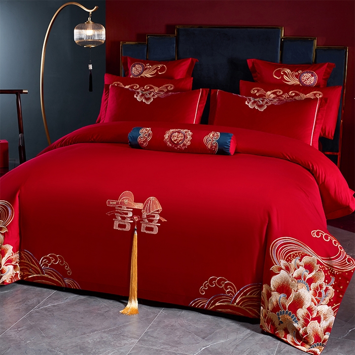 91家纺网 家纺一手货源 找家纺 慕她家纺 2026慕她大花工艺款全棉纯棉婚庆四件套大红色刺绣结婚床上用品 花开志喜