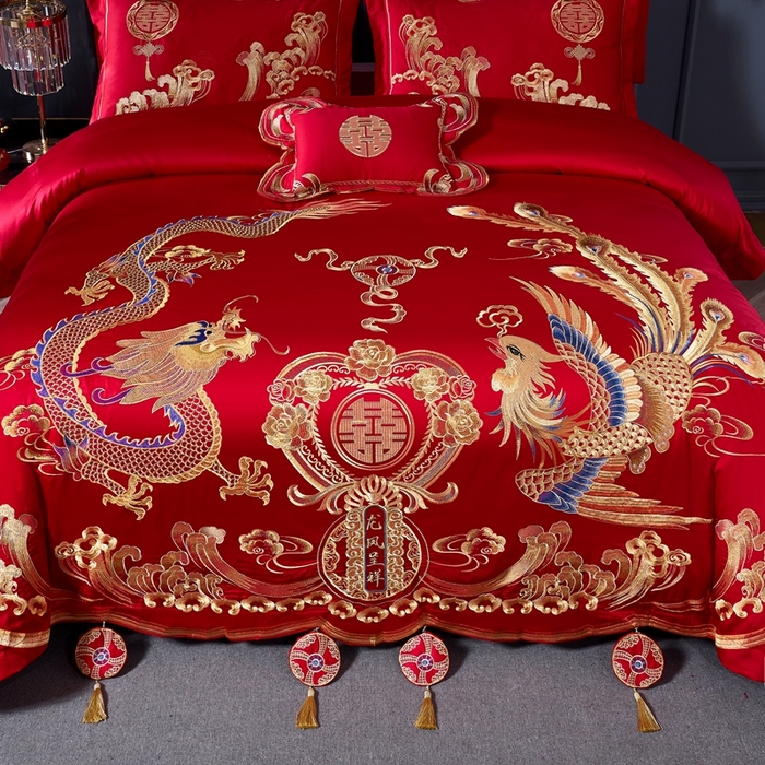 91家纺网 家纺一手货源 找家纺 慕她家纺 2026慕她大花工艺款全棉纯棉婚庆四件套大红色刺绣结婚床上用品 龙凤呈祥