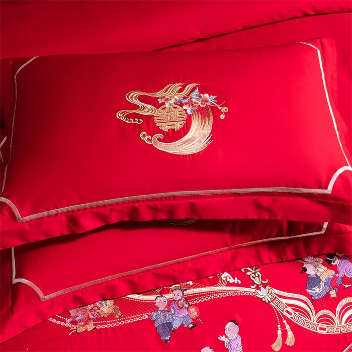 91家纺网 家纺一手货源 找家纺 慕她家纺 2026慕她大花工艺款全棉纯棉婚庆四件套大红色刺绣结婚床上用品 百子登科