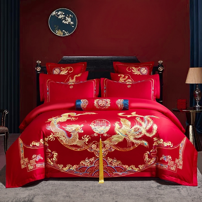 慕她家纺 2026慕她大花工艺款全棉纯棉婚庆四件套大红色刺绣结婚床上用品 龙凤祥和