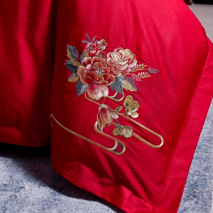 91家纺网 家纺一手货源 找家纺 慕她家纺 2026慕她大花工艺款全棉纯棉婚庆四件套大红色刺绣结婚床上用品 双喜临门