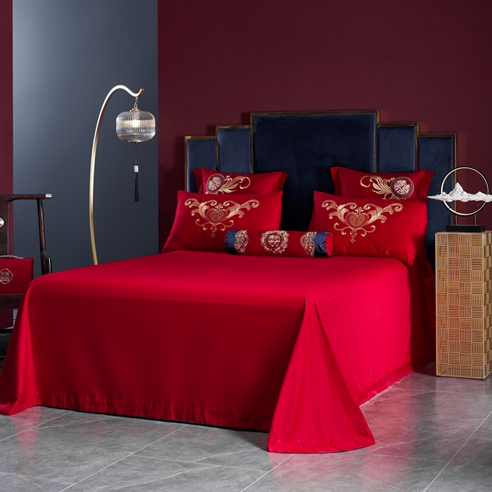 91家纺网 家纺一手货源 找家纺 慕她家纺 2026慕她大花工艺款全棉纯棉婚庆四件套大红色刺绣结婚床上用品 喜韵江山