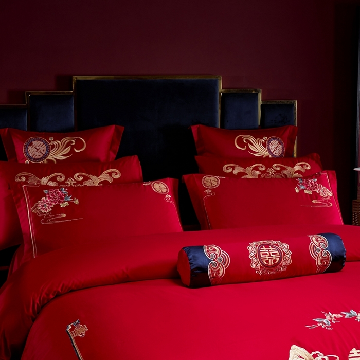 91家纺网 家纺一手货源 找家纺 慕她家纺 2026慕她大花工艺款全棉纯棉婚庆四件套大红色刺绣结婚床上用品 喜韵江山