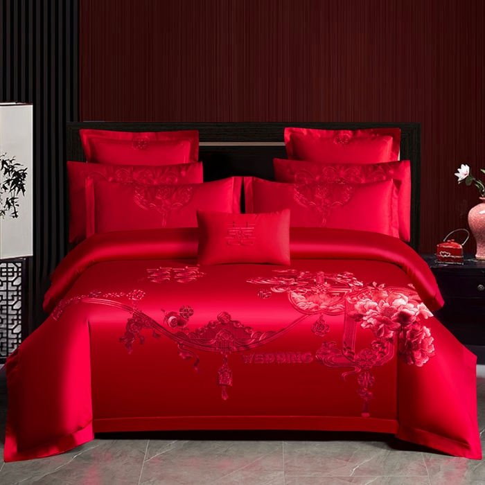 慕她家纺 2026慕她大花工艺款全棉纯棉婚庆四件套大红色刺绣结婚床上用品 诗韵牡丹