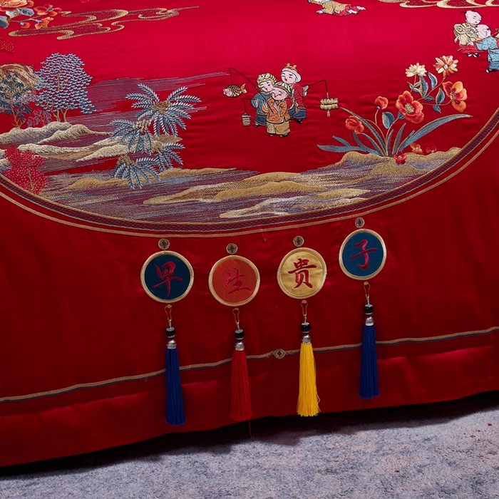 91家纺网 家纺一手货源 找家纺 慕她家纺 2026慕她大花工艺款全棉纯棉婚庆四件套大红色刺绣结婚床上用品 早生贵子